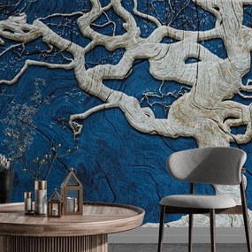Samolepiaca tapeta abstraktný strom na dreve s modrým kontrastom - 450x300