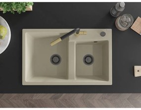 Mexen Tomas, 2-komorový granitový drez 800x500x190 mm a drezová batéria Flora, béžová, 6516-69-670401-57-B