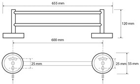 Sapho, X-ROUND BLACK dvojitý držiak uterákov 600x120mm, čierna, XR401B