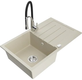 Mexen Bruno, 1-komorový granitový drez 795x495x200 mm a drezová batéria Aster, béžová, 6513-69-73450-07