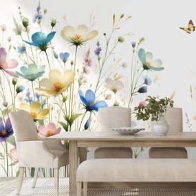 Tapeta pastelové kvety a lietajúce motýle