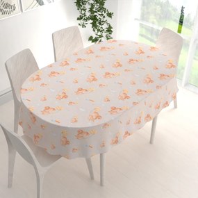 Biante Detský bavlnený oválny obrus Sandra SA-525 Veveričky s kvietkami na sivobéžovom 50x100 cm