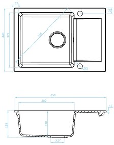 Kuchinox Celebes, 1-komorový granitový drez 650x440x185mm s krátkym odkvapkávačom, čierna, LAV-SBL_713T