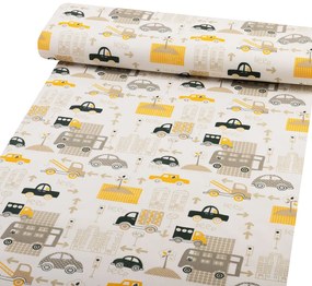 Biante Detské bavlnené posteľné obliečky do postieľky Sandra SA-672 Žlté a sivohnedé autá v meste na bielom Do postieľky 90x140 a 50x70 cm