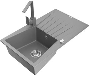 Mexen Cesar, granitový drez 775x470x190 mm, 1-komorový, šedá s chrómovým sifónom a šedá drezová batéria Rita, 6514-71-670300-70-B