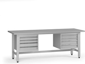 Výškovo nastaviteľný dielenský stôl G5, 2100 x 750 x 800-1000 mm, 2x kontajner, 8 zásuviek, sivá
