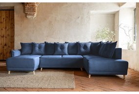 Tmavomodrá menčestrová rozkladacia rohová pohovka (pravý roh/do "U") Lazy Lukka – Miuform