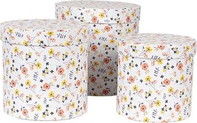 3ks biely okrúhly box s jemnými kvetmi - Ø 19*19 / Ø 17*17 / Ø 15*15 cm
