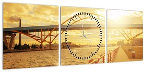 Obraz mosta pri západe slnka (s hodinami) (90x30 cm)