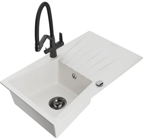 Mexen Cesar, 1-komorový granitový drez 775x470x190 mm a drezová batéria Duo, biela, 6514-20-671701-70-B