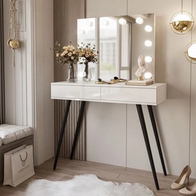 Toaletný stolík JOANNA so zrkadlom + led osvetlenie, biely lesk + čierna