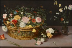 Obraz - Jan Brueghel the Elder, Flowers in a Basket and a Vase, reprodukcia (90x60 cm)