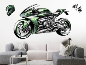 Zelená motorka textilní prelepiteľná nálepka na stenu hárok 46 x 28 cm