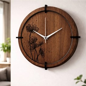 Drevené hodiny Wenge s čiernym kvetinovým motívom | SENTOP HDF0586-ORECH-WENGE