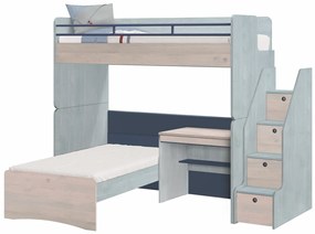 Poschodová posteľ s písacím stolom a schodíkmi Lincoln Modular - dub, dub modrá, dub tmavo modrá