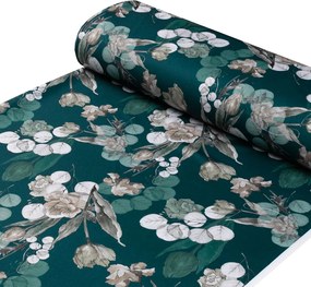 Biante Teflónový behúň na stôl TF-058 Kvety s eukalyptom na tmavo zelenom 20x160 cm