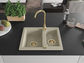 Mexen Carlos, granitový drez 582x475x177 mm, 1,5-komorový, béžová so zlatým sifónom, 6518581500-69-G