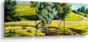 Obraz - Rieka medzi lúkami, olejomaľba (s hodinami) (90x30 cm)