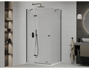 Mexen Roma, sprchovací kút s 1-krídlovými dverami 90 (dvere) x 100 (stena) cm, 6mm číre sklo, čierny profil, slim sprchová vanička 5cm biela s čiernym sifónom, 854-090-100-70-00-4010B