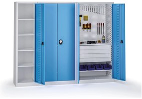 Policová dielenská skriňa 2-dverová, 4 police, 1950 × 950 × 500 mm, modré dvere