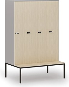 Drevená šatníková skrinka S4 s lavičkou, 4 oddiely, 1871 x 1200 x 500/800 mm, demont, mechanický kódový zámok, sivá/breza