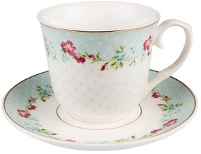 Zelená porcelánová šálka s tanierikom s kvetmi - Ø 15*8 / 250 ml