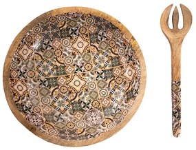 Drevená servírovacia misa so šalátovou vidličkou a vnútrom s ornamentmi - Ø30*7 cm
