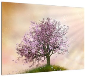 Sklenený obraz rozkvitnutého stromu na vrchole kopca (70x50 cm)