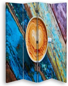 Ozdobný paraván Šálky na kávu Retro Wood - 145x170 cm, štvordielny, obojstranný paraván 360°