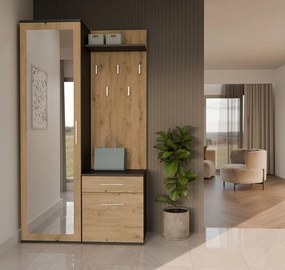 Predsieňová stena so zrkadlom a šuplíkmi DUO dub artisan/antracit