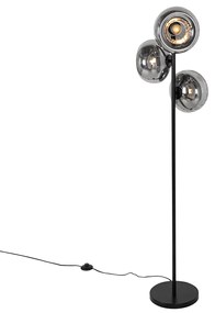 Stojaca lampa v štýle Art Deco čierna s dymovým sklom 3-svetlo - Ayesha