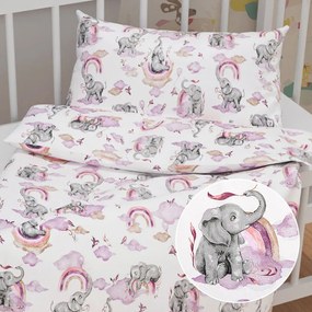 Biante Detské bavlnené posteľné obliečky do postieľky Sandra SA-464 Slony s fialovou dúhou na bielom Do postieľky 90x120 a 40x60 cm