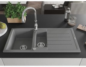 Mexen Andres, 1,5-komorový granitový drez 1000x500x200 mm a drezová batéria Savita, šedá, 6515-71-672601-00