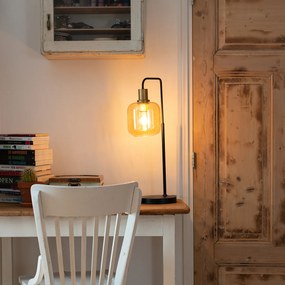 Dizajnová stolná lampa čierna s mosadzou a jantárovým sklom - Zuzanna