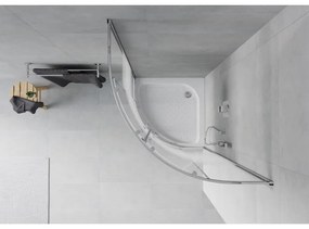 Mexen Rio, štvrťkruhový sprchovací kút s posuvnými dverami 90 x 90 cm, 6mm číre sklo/pásy, chrómový profil + biela vysoká sprchová vanička Rio, 863-090-090-01-20-4710