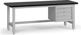 Pracovný stôl do dielne G4 so závesným boxom na náradie, MDF + PVC doska, 3 zásuvky, 2100 x 750 x 800 mm, sivá