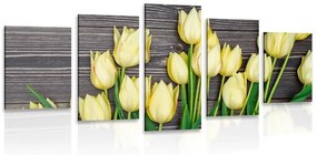 5-dielny obraz očarujúce žlté tulipány na drevenom podklade - 100x50