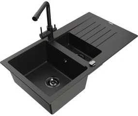 Mexen Matias, granitový drez 900x505x200 mm, 1,5-komorový a čierna batéria Duero, čierna-zlatá metalíza, 6502-75-671600-70-B