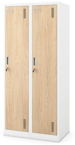 Kovová šatňová štvormodulová skriňa na sokli s policou KACPER, 800 x 1800 x 500 mm, Eco Design: biela/ dub sonoma