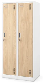 Kovová šatňová štvormodulová skriňa na sokli s policou KACPER, 800 x 1800 x 500 mm, Eco Design: biela/ dub sonoma