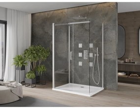 Mexen Omega, 3-stenový sprchovací kút s posuvnými dverami 140 (dvere) x 80 (stena) x 190 cm, 8mm číre sklo, chrómový profil + biela sprchová vanička SLIM, 825-140-080-01-00-3S-4010