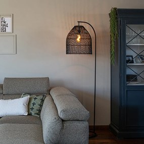 Rustikálna stojaca lampa čierna s ratanom - Sam