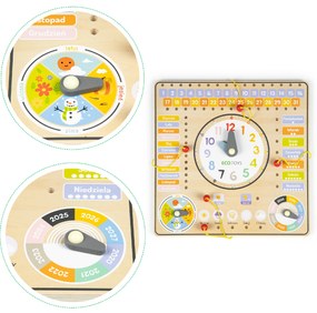 Drevená manipulačná tabuľa s kalendárom a hodinami