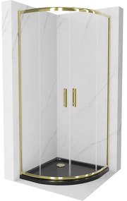 Mexen Rio, štvrťkruhový sprchovací kút s posuvnými dverami 80(dvere) x 80(dvere) x 190 cm, 6mm číre sklo, zlatý profil + čierna sprchová vanička SLIM, 863-080-080-50-00-4170G
