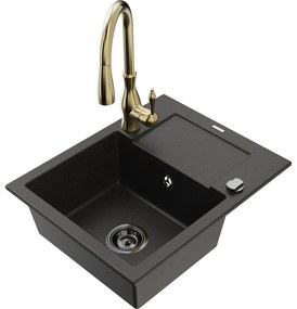 Mexen Enzo, 1-komorový granitový drez 576x465x174 mm a drezová batéria Savita, čierna-zlatá metalíza, 6506-75-672601-50-B