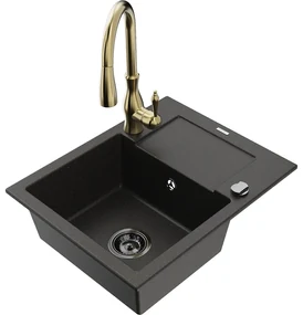 Mexen Enzo, 1-komorový granitový drez 576x465x174 mm a drezová batéria Savita, čierna-zlatá metalíza, 6506-75-672601-50-B
