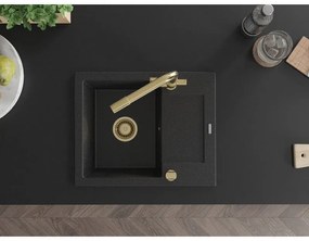 Mexen Enzo, granitový drez 576x465x174 mm, 1-komorový, zlatá batéria Duero, čierna - strieborná metalíza, 6506-73-671600-50