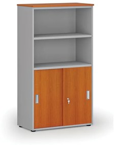 Kombinovaná kancelárska skriňa PRIMO GRAY, zasúvacie dvere na 2 poschodia, 1434 x 800 x 420 mm, sivá/čerešňa