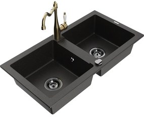 Mexen Mario, granitový drez 820x436x161 mm, 2-komorový a drezová batéria Carla, čierna-zlatá metalíza, 6504-75-670700-50-B