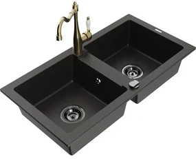Mexen Mario, granitový drez 820x436x161 mm, 2-komorový a drezová batéria Carla, čierna-zlatá metalíza, 6504-75-670700-50-B